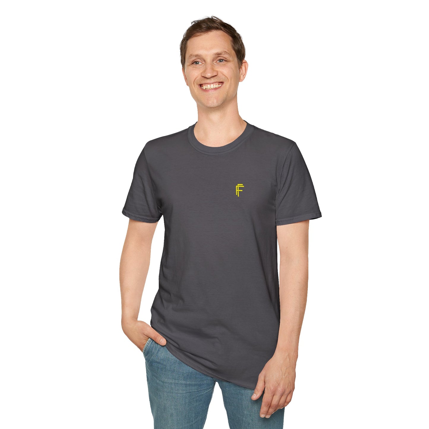 Minimalist Unisex Softstyle T-Shirt - Yellow Logo. - Fitness Frenzy