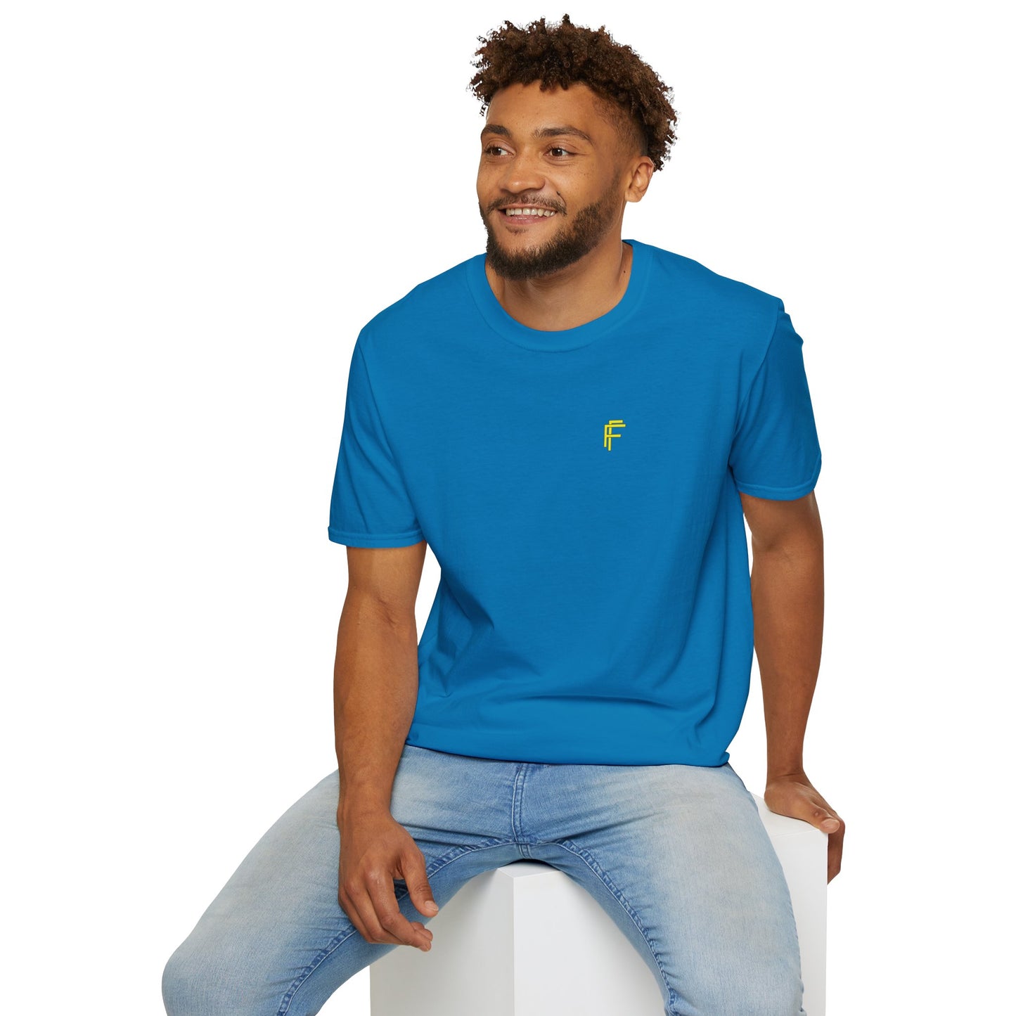 Minimalist Unisex Softstyle T-Shirt - Yellow Logo. - Fitness Frenzy