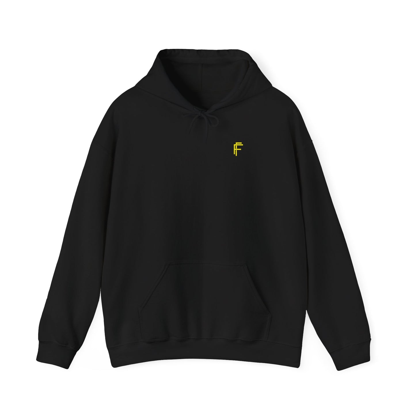 Frenzy Unisex Heavy Blend Hoodie with yellow Logo and Large text on the back. - Fitness Frenzy