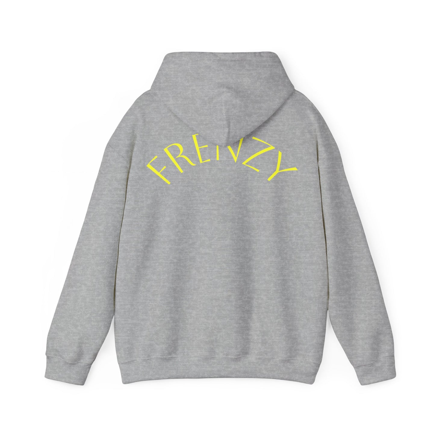 Frenzy Unisex Heavy Blend Hoodie with yellow Logo and Large text on the back. - Fitness Frenzy