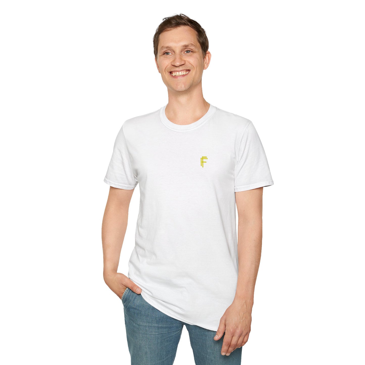 Minimalist Unisex Softstyle T-Shirt - Yellow Logo. - Fitness Frenzy