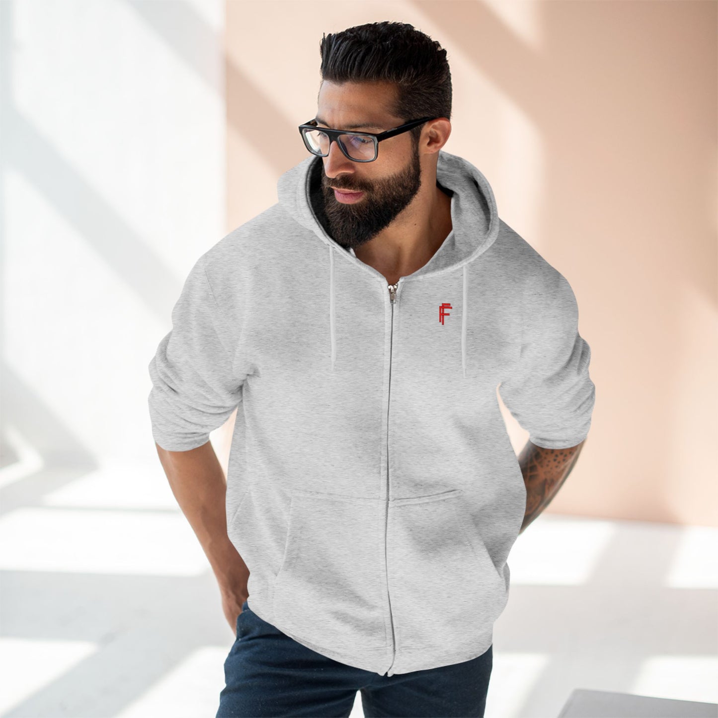 Frenzy - Unisex Zip Hoodie with Red Logo - Fresh Style Grey Zip-Up with Red Graphics. - Fitness Frenzy