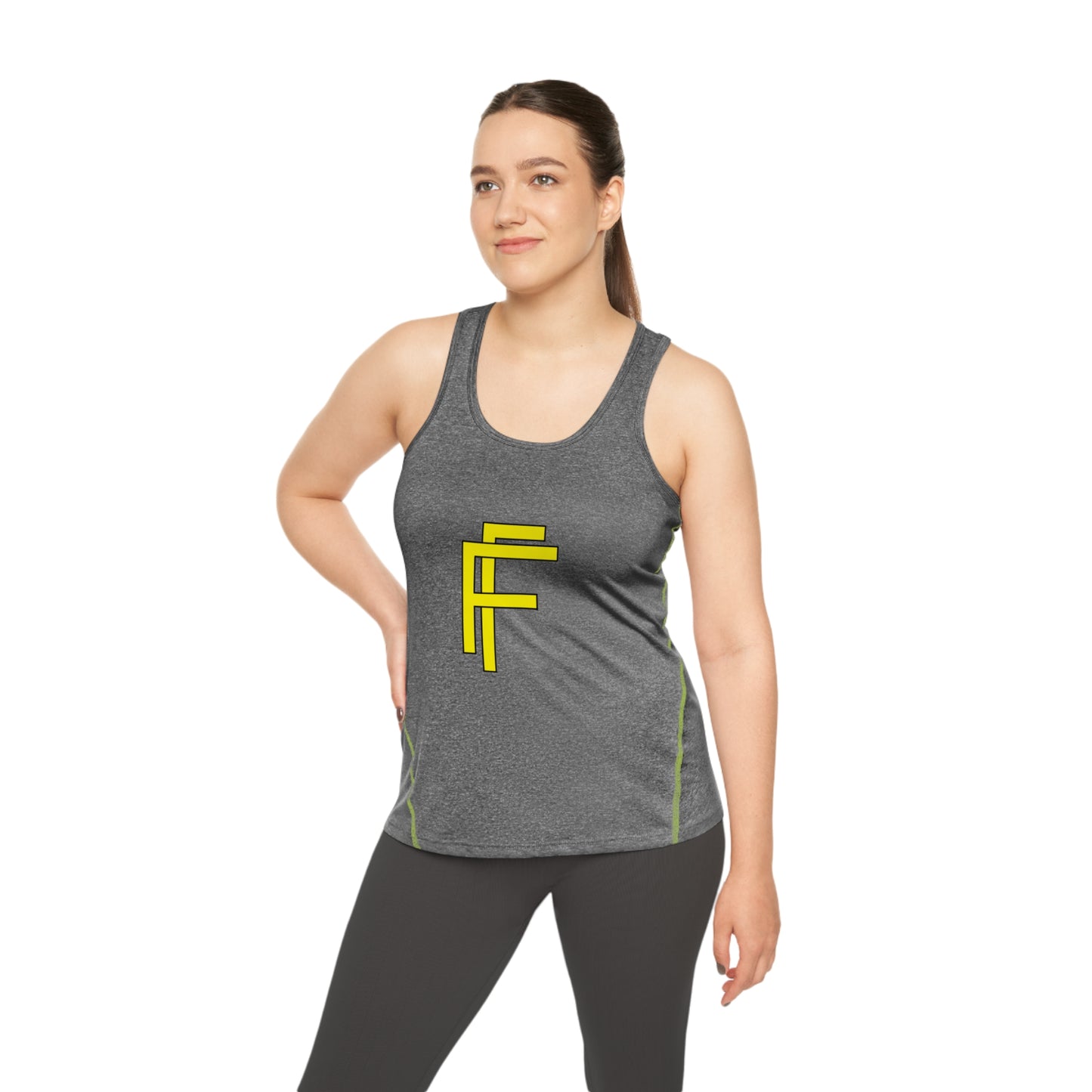 Frenzy - Women's Racerback Sports Vest with yellow Logo. - Fitness Frenzy