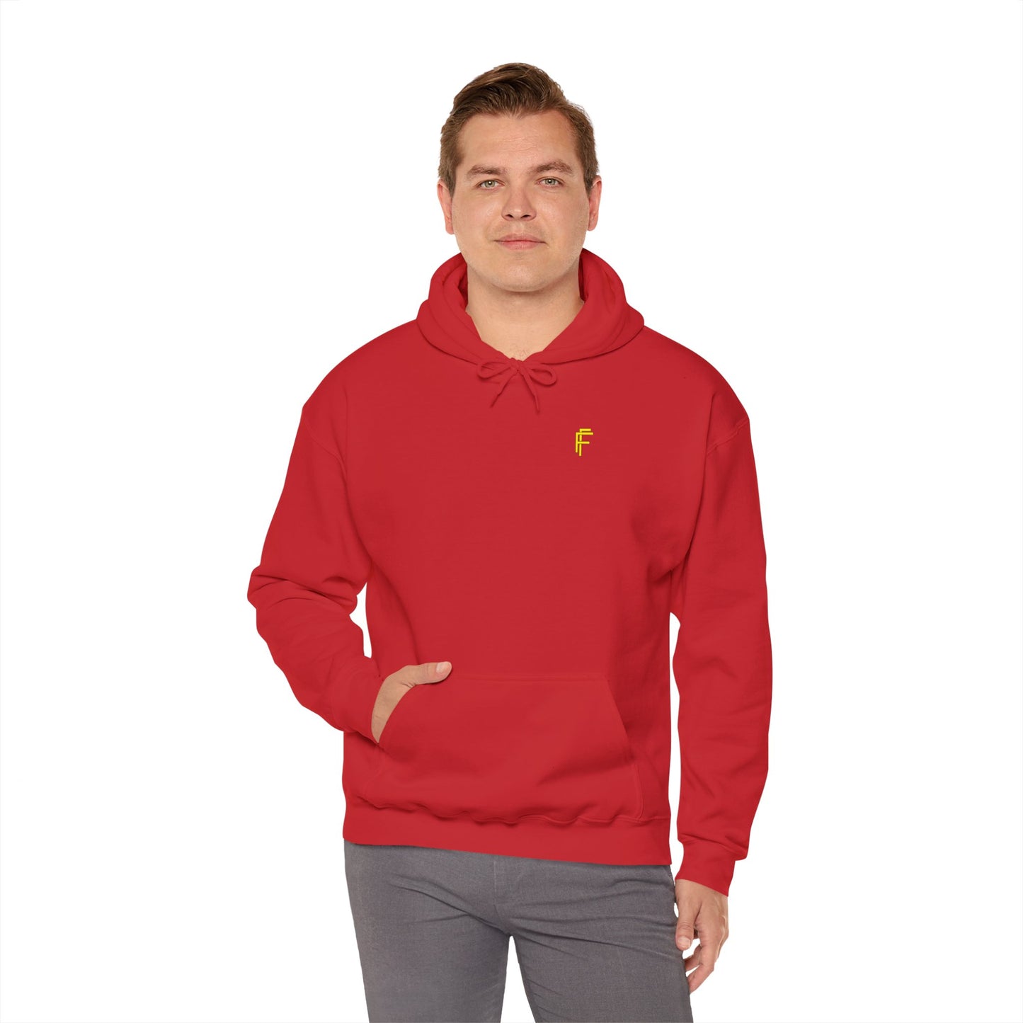 Frenzy Unisex Heavy Blend Hoodie with yellow Logo and Large text on the back. - Fitness Frenzy