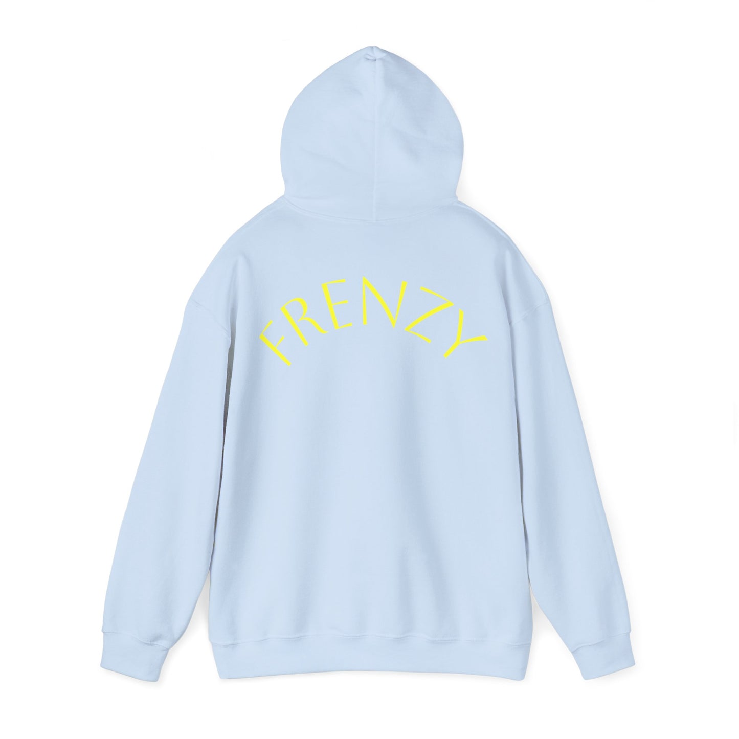 Frenzy Unisex Heavy Blend Hoodie with yellow Logo and Large text on the back. - Fitness Frenzy