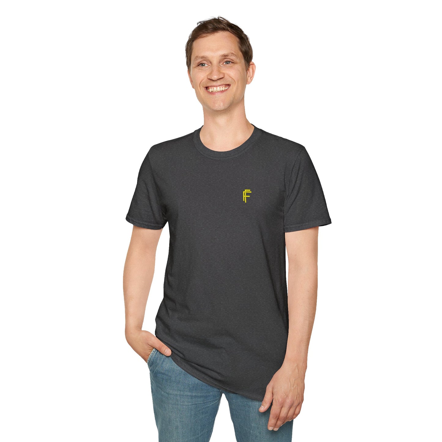 Minimalist Unisex Softstyle T-Shirt - Yellow Logo. - Fitness Frenzy