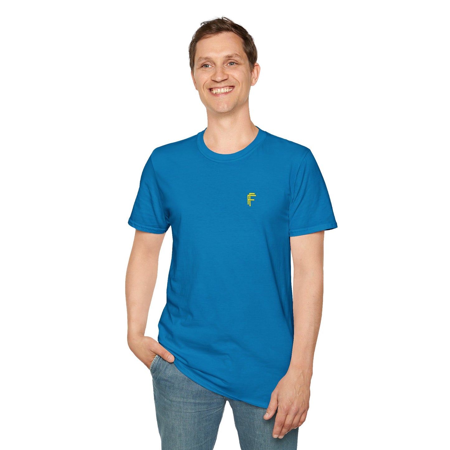 Minimalist Unisex Softstyle T-Shirt - Yellow Logo. - Fitness Frenzy