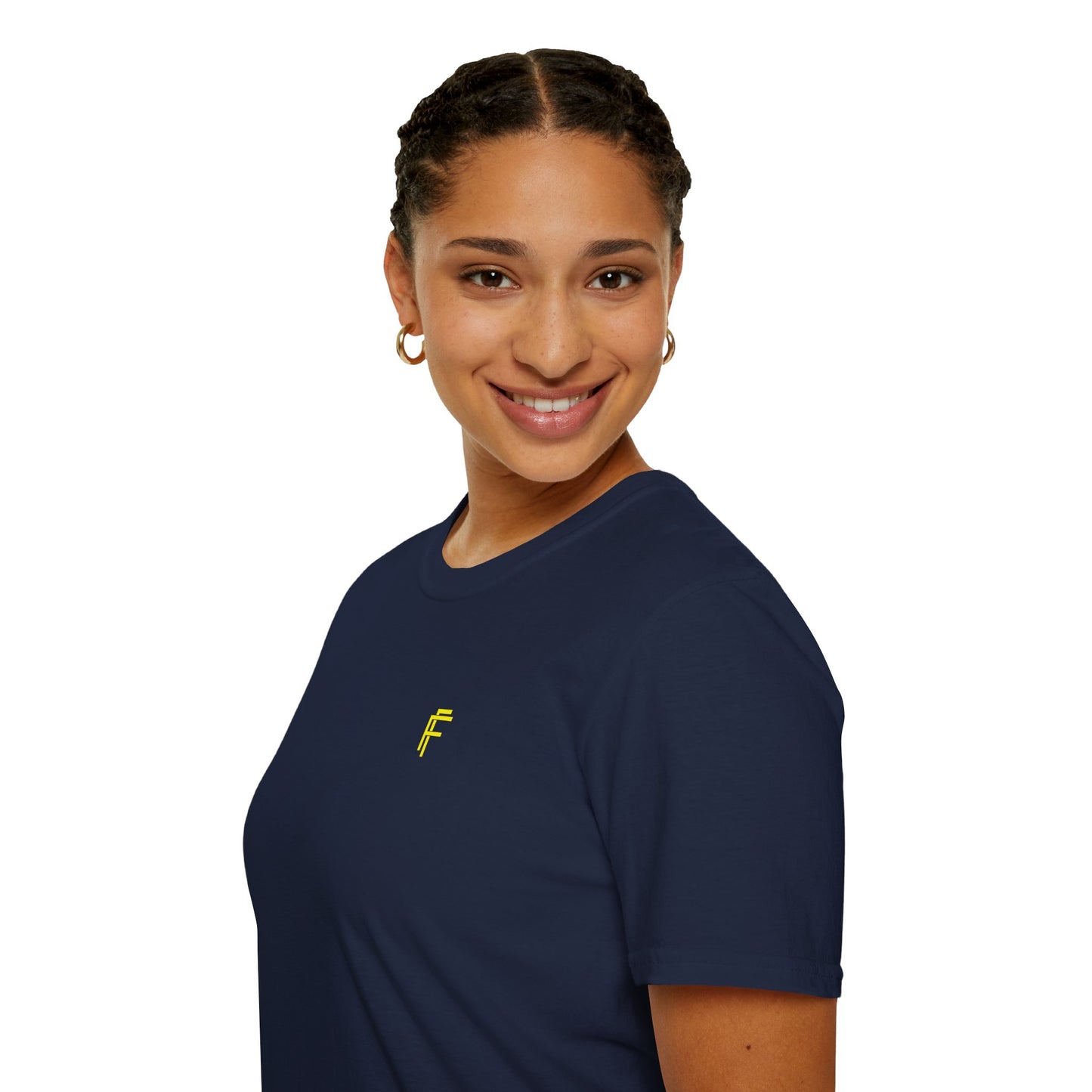 Minimalist Unisex Softstyle T-Shirt - Yellow Logo. - Fitness Frenzy