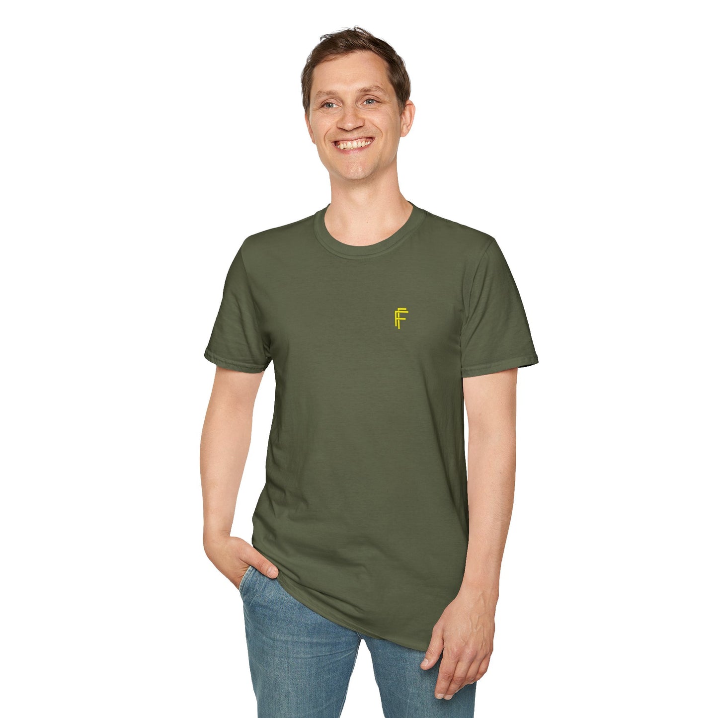 Minimalist Unisex Softstyle T-Shirt - Yellow Logo. - Fitness Frenzy