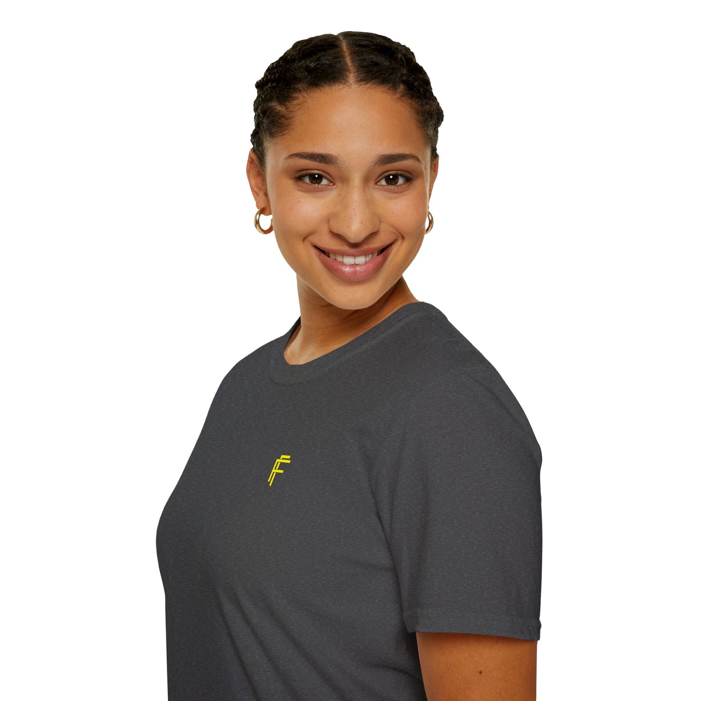 Minimalist Unisex Softstyle T-Shirt - Yellow Logo. - Fitness Frenzy