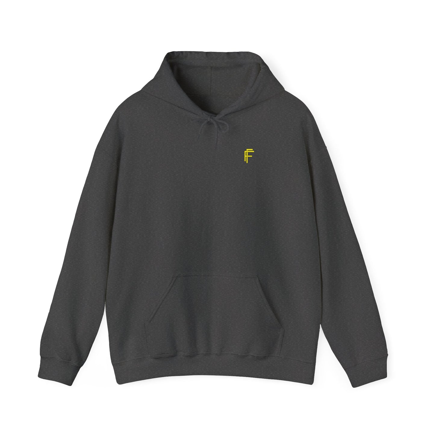 Frenzy Unisex Heavy Blend Hoodie with yellow Logo and Large text on the back. - Fitness Frenzy