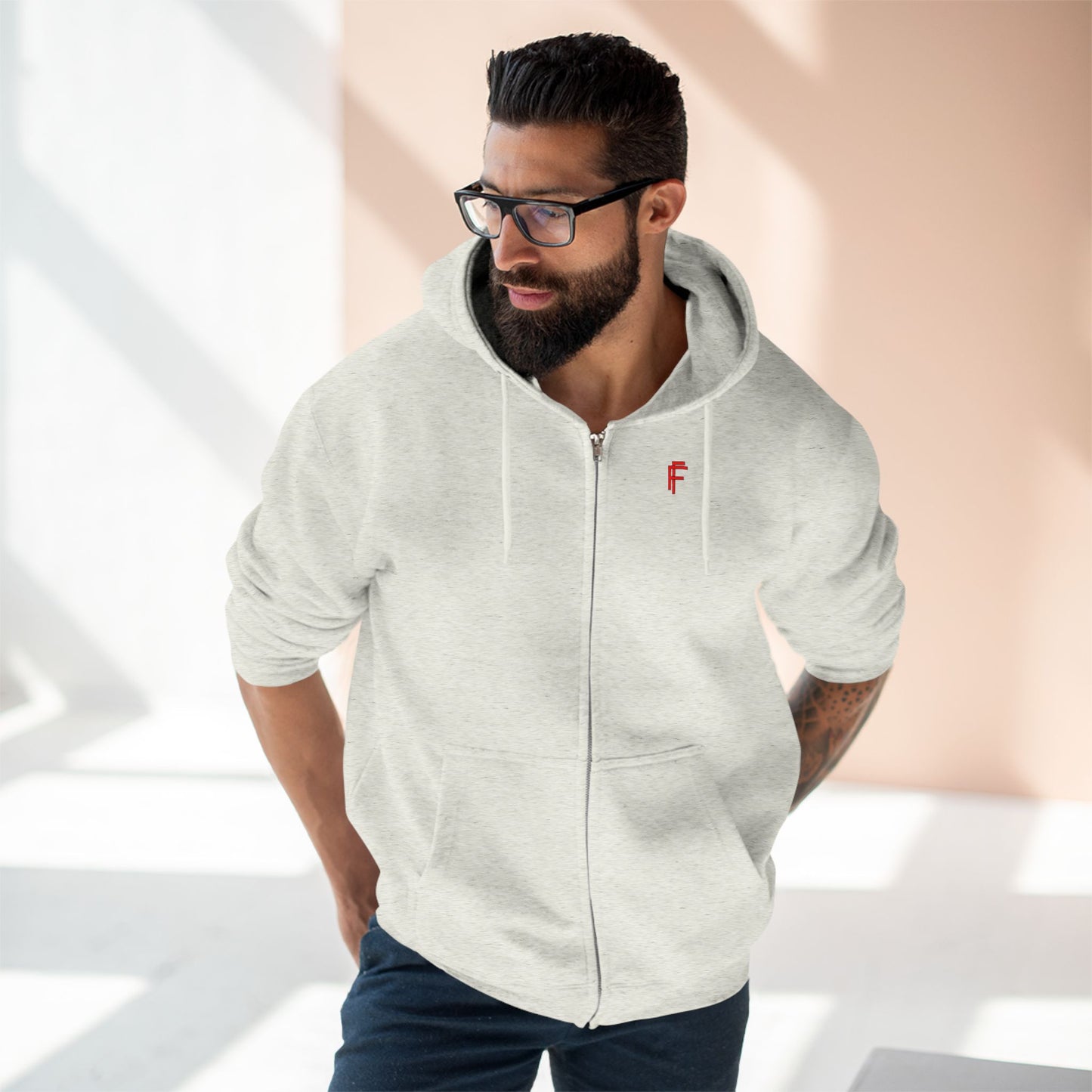 Frenzy - Unisex Zip Hoodie with Red Logo - Fresh Style Grey Zip-Up with Red Graphics. - Fitness Frenzy