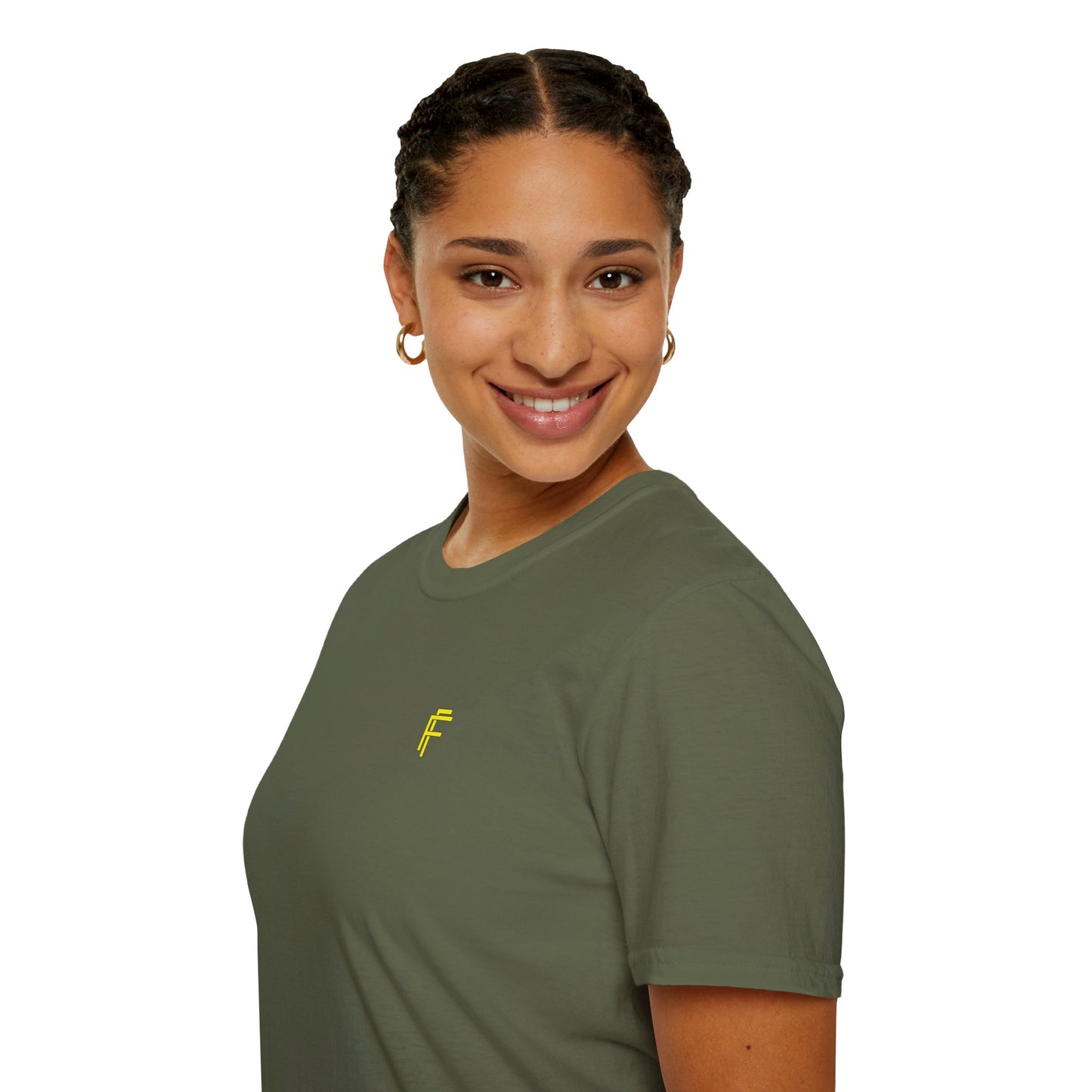 Minimalist Unisex Softstyle T-Shirt - Yellow Logo. - Fitness Frenzy