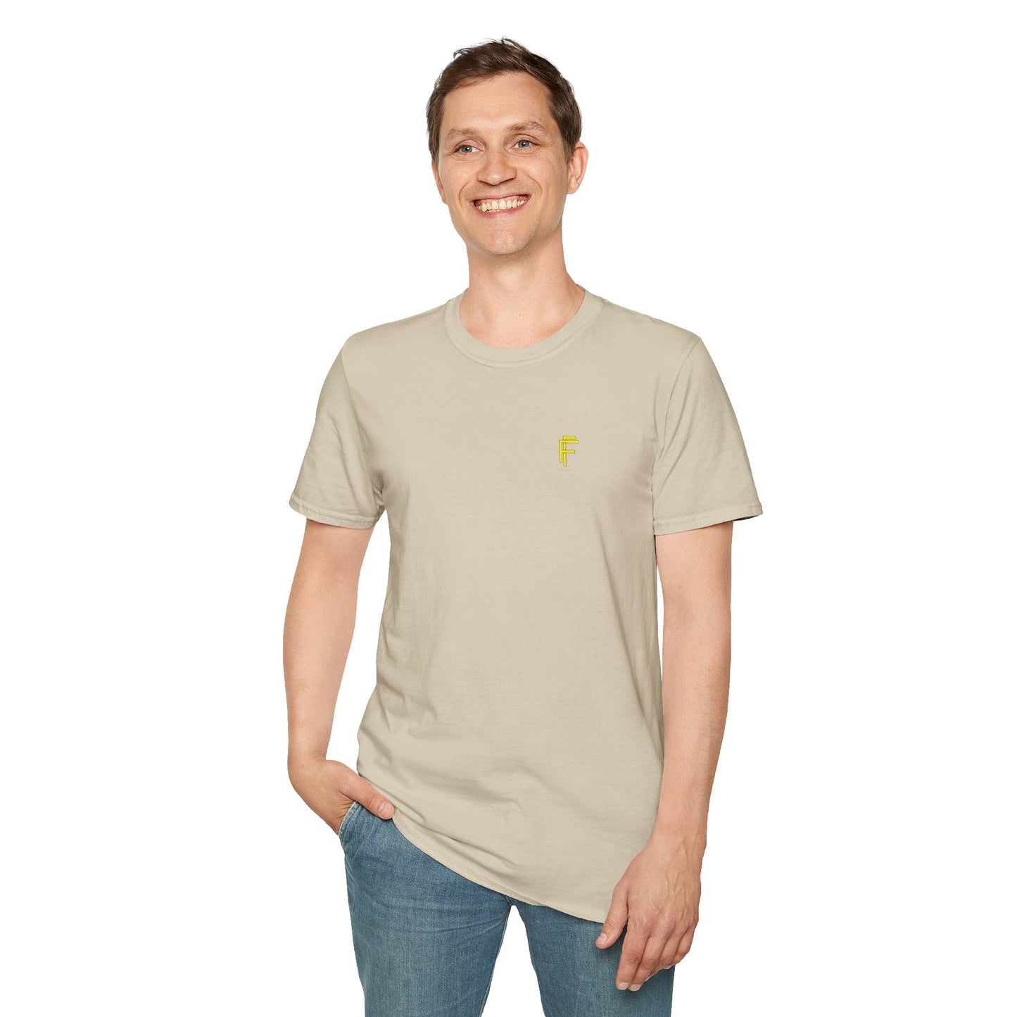 Minimalist Unisex Softstyle T-Shirt - Yellow Logo. - Fitness Frenzy