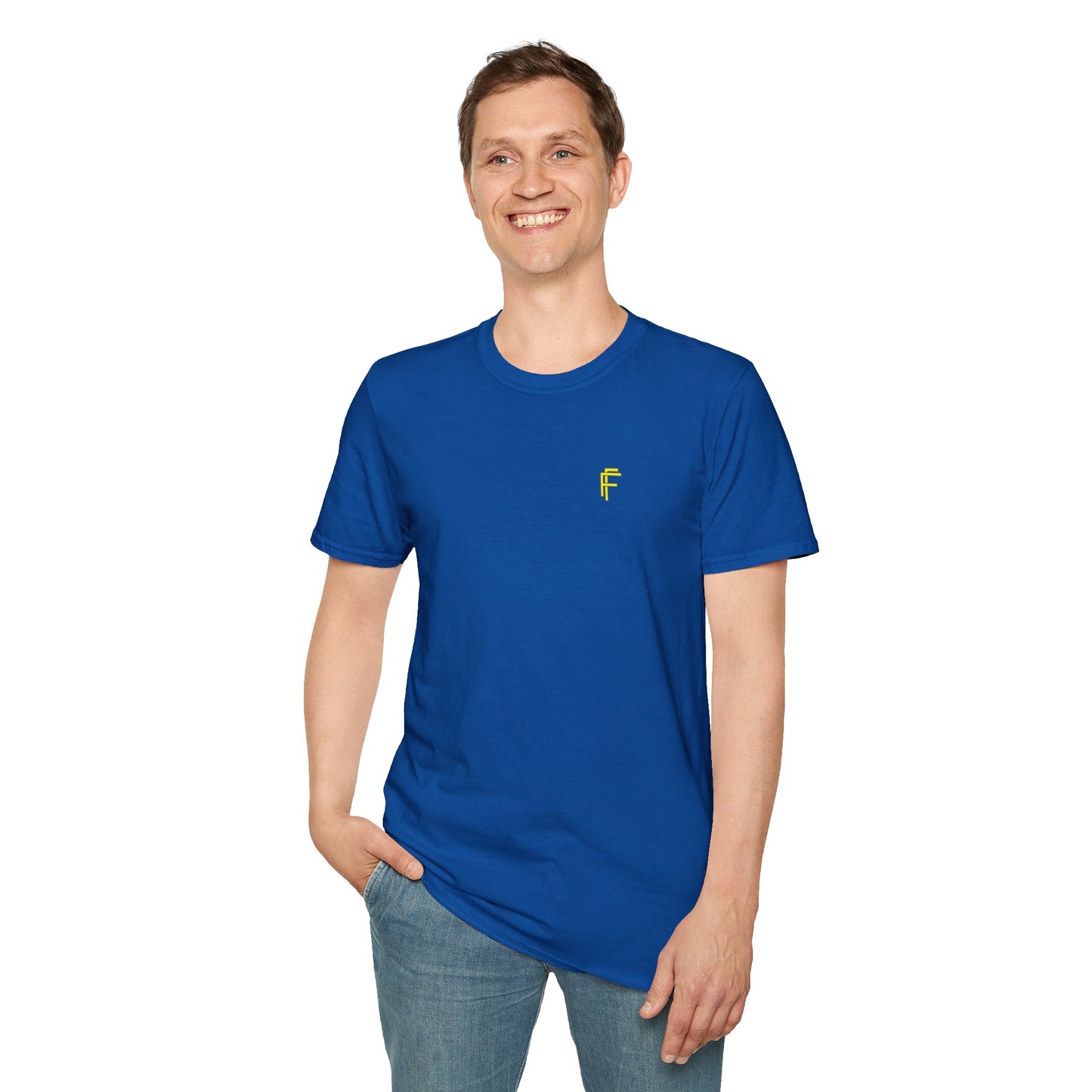Minimalist Unisex Softstyle T-Shirt - Yellow Logo. - Fitness Frenzy