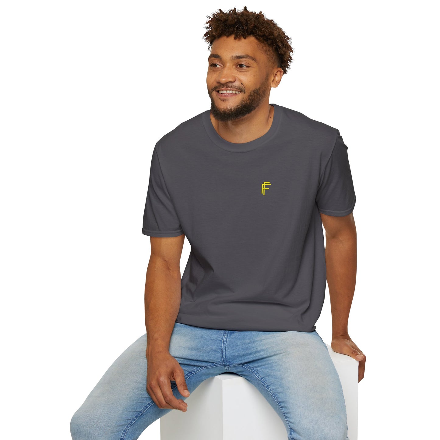 Minimalist Unisex Softstyle T-Shirt - Yellow Logo. - Fitness Frenzy