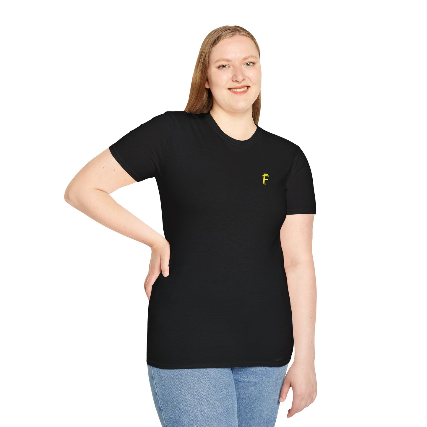 Minimalist Unisex Softstyle T-Shirt - Yellow Logo. - Fitness Frenzy