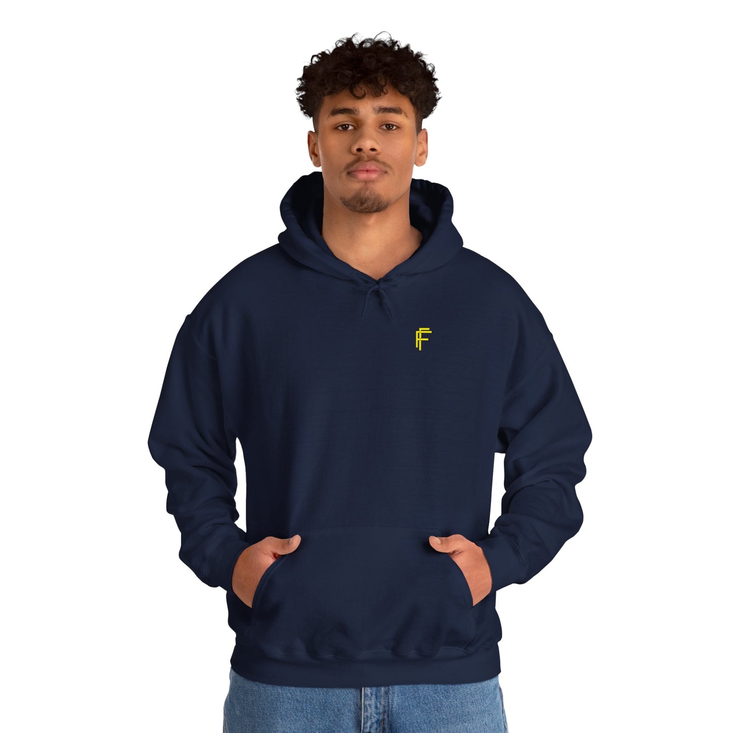 Frenzy Unisex Heavy Blend Hoodie with yellow Logo and Large text on the back. - Fitness Frenzy