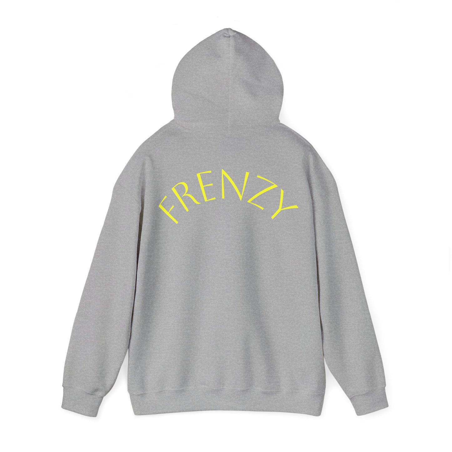 Frenzy Unisex Heavy Blend Hoodie with yellow Logo and Large text on the back. - Fitness Frenzy