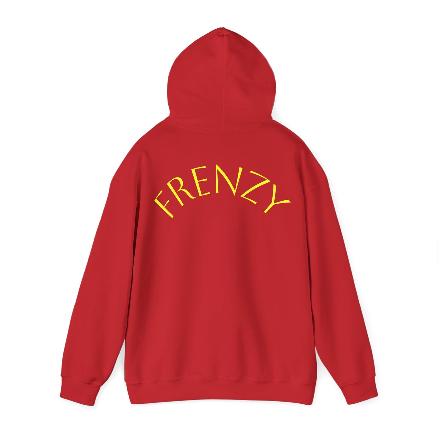 Frenzy Unisex Heavy Blend Hoodie with yellow Logo and Large text on the back. - Fitness Frenzy