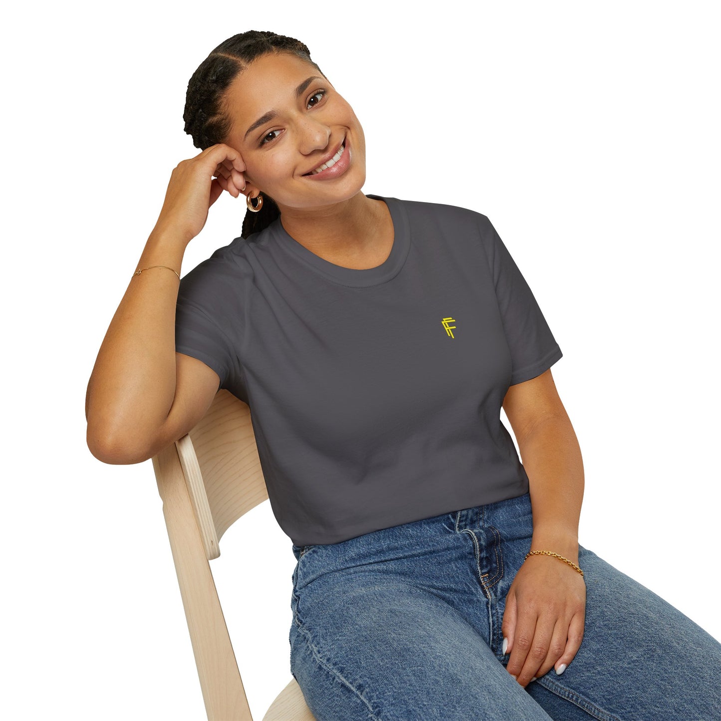 Minimalist Unisex Softstyle T-Shirt - Yellow Logo. - Fitness Frenzy