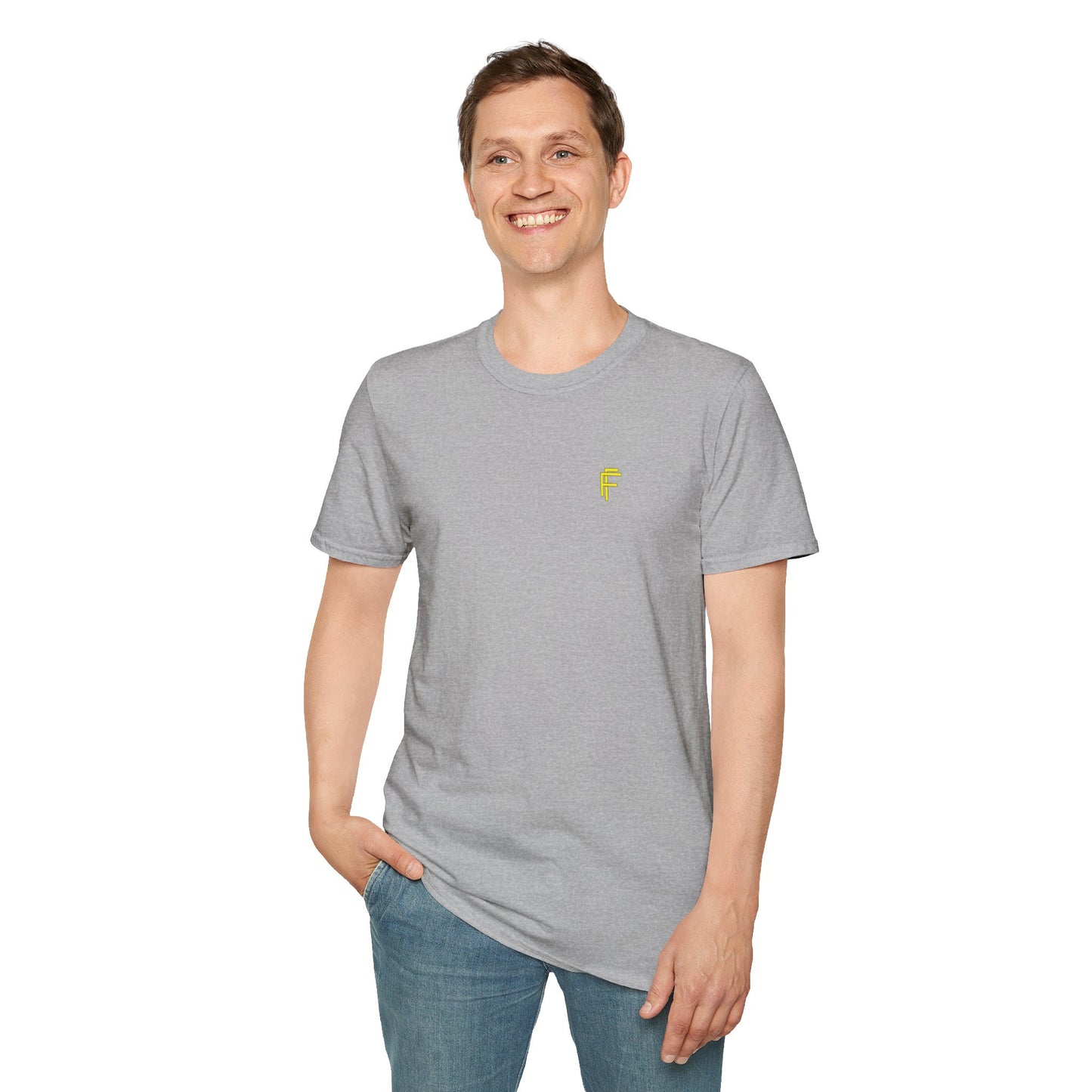 Minimalist Unisex Softstyle T-Shirt - Yellow Logo. - Fitness Frenzy