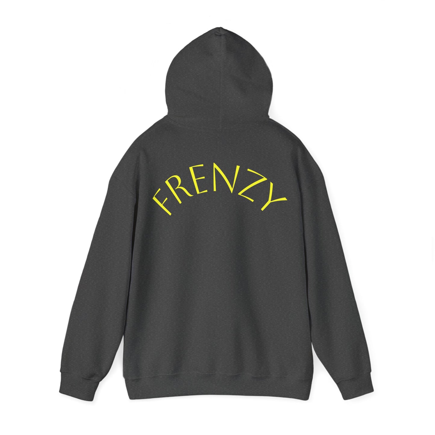Frenzy Unisex Heavy Blend Hoodie with yellow Logo and Large text on the back. - Fitness Frenzy