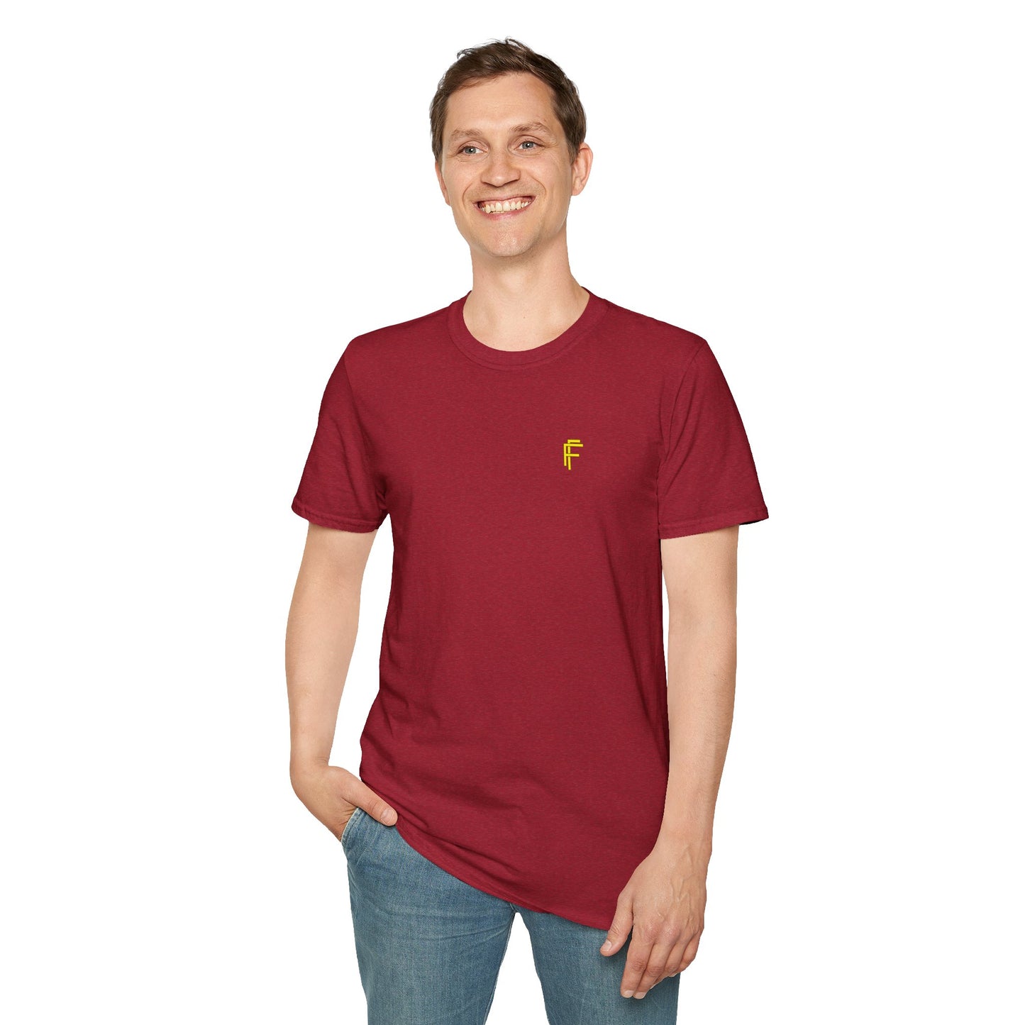 Minimalist Unisex Softstyle T-Shirt - Yellow Logo. - Fitness Frenzy