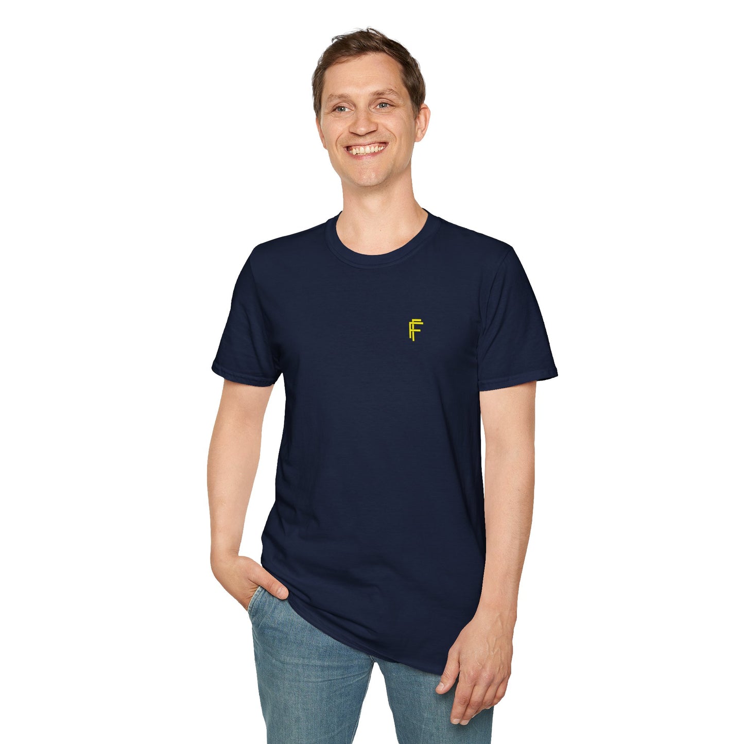 Minimalist Unisex Softstyle T-Shirt - Yellow Logo. - Fitness Frenzy