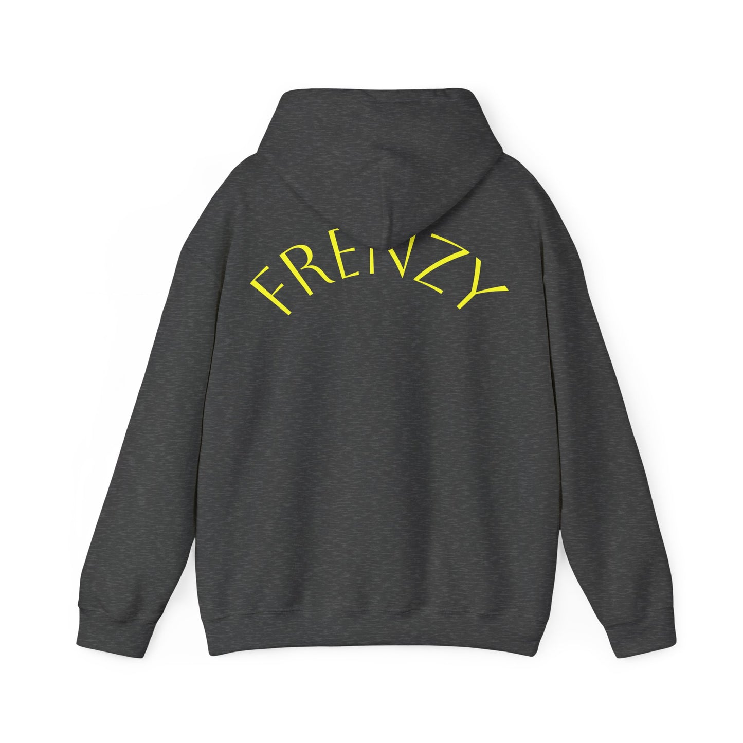 Frenzy Unisex Heavy Blend Hoodie with yellow Logo and Large text on the back. - Fitness Frenzy