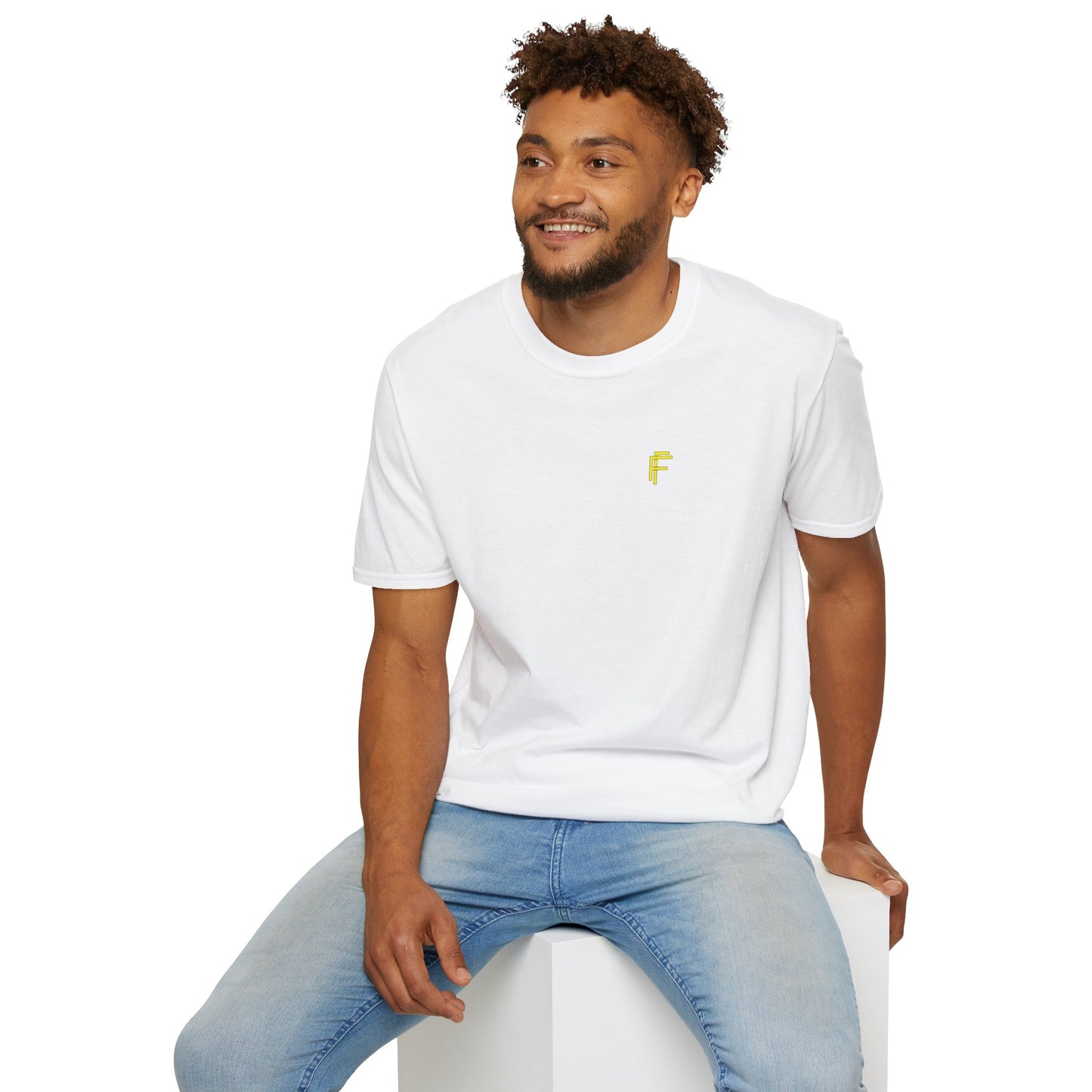Minimalist Unisex Softstyle T-Shirt - Yellow Logo. - Fitness Frenzy