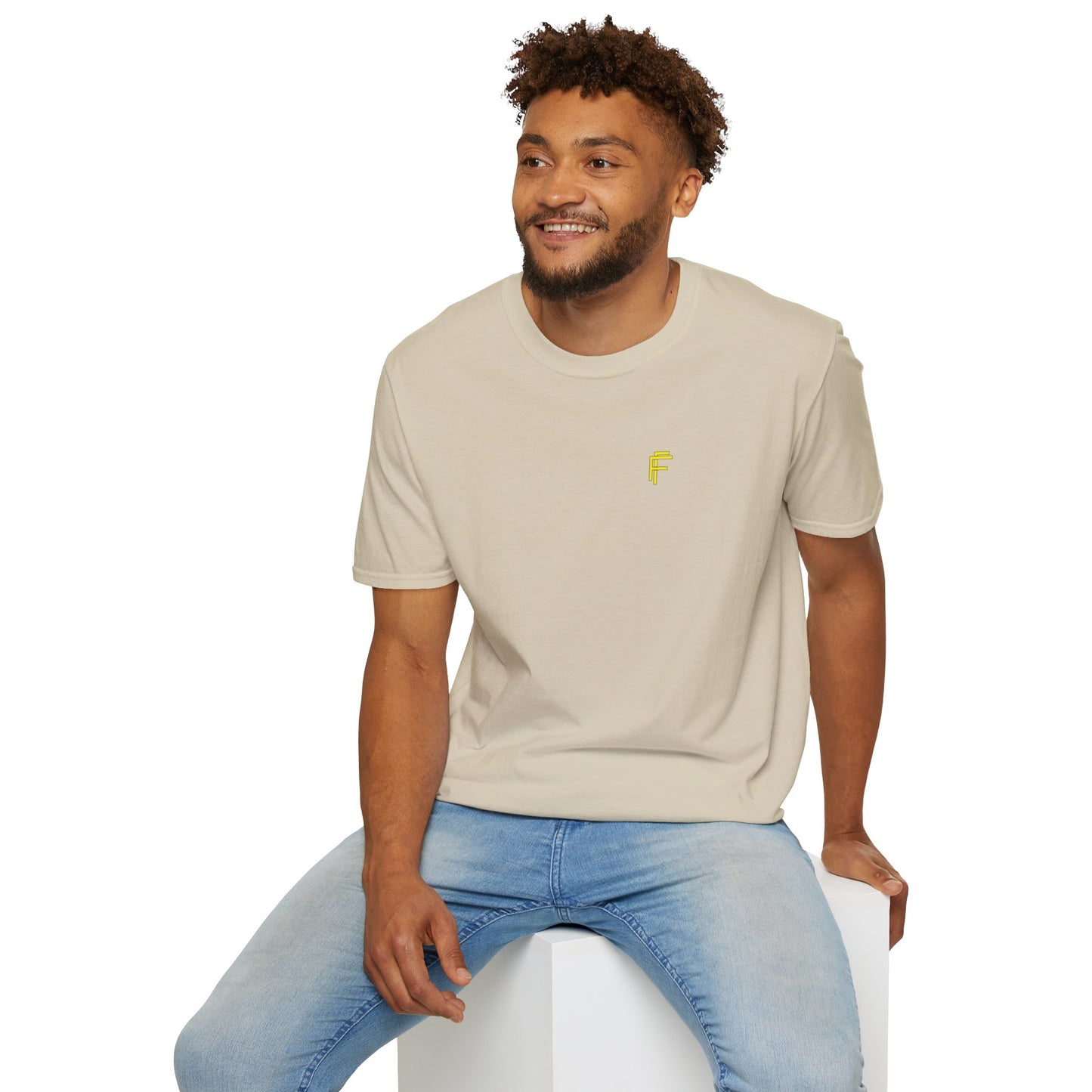 Minimalist Unisex Softstyle T-Shirt - Yellow Logo. - Fitness Frenzy