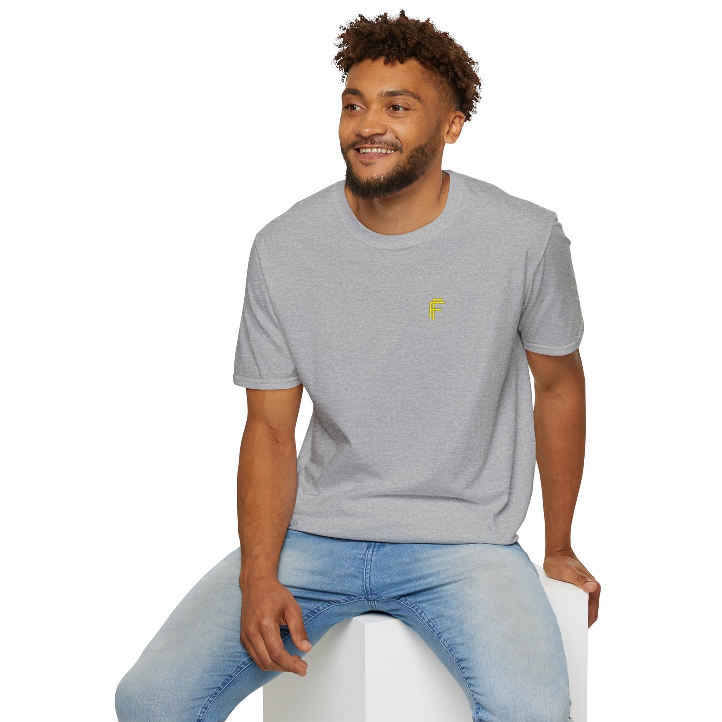 Minimalist Unisex Softstyle T-Shirt - Yellow Logo. - Fitness Frenzy