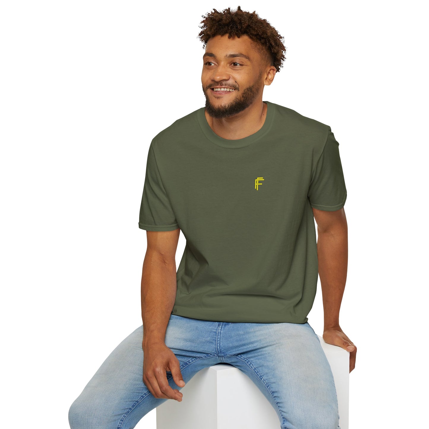 Minimalist Unisex Softstyle T-Shirt - Yellow Logo. - Fitness Frenzy