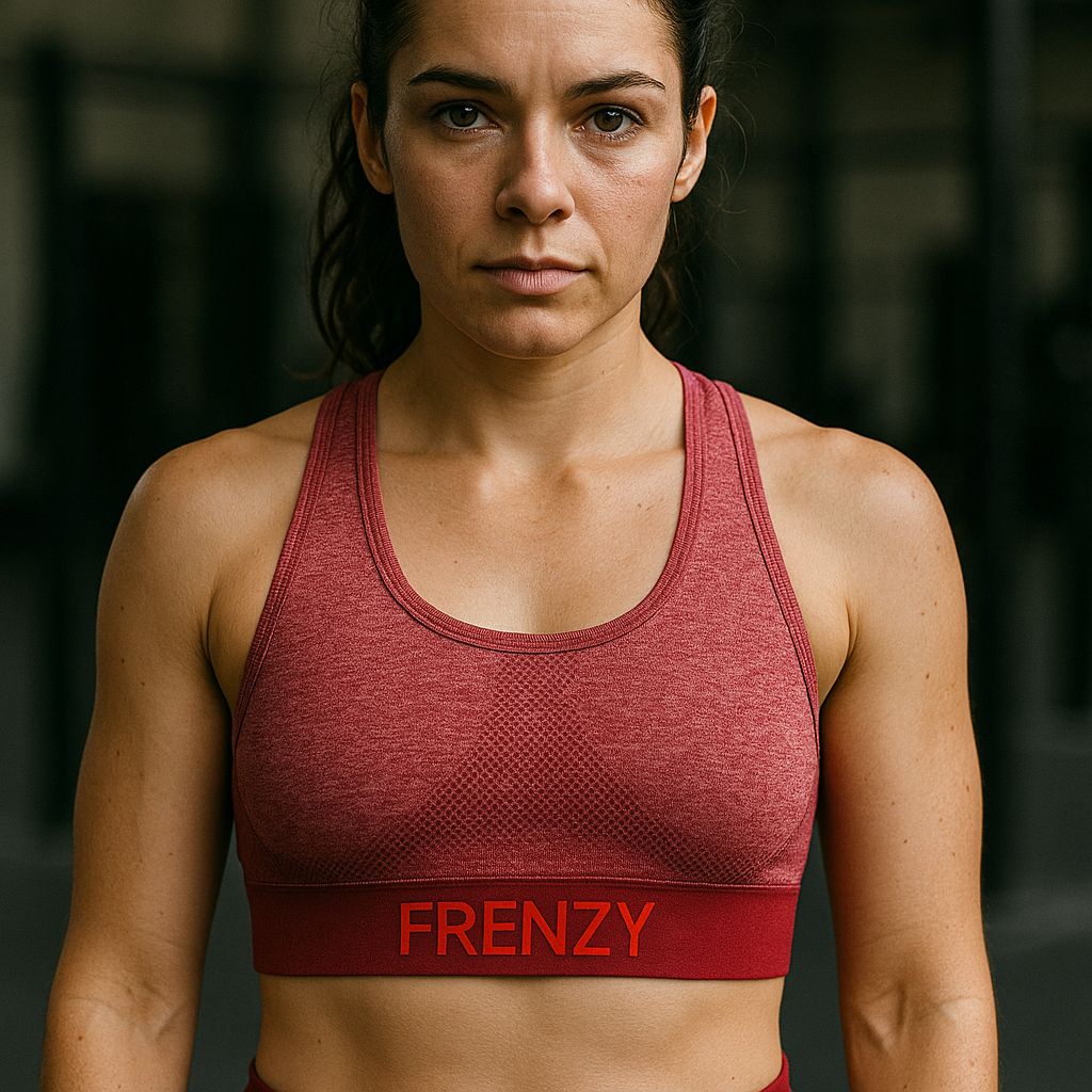 Frenzy Womens TriDriĀ® Seamless '3D fit' Sports Bra in Burgundy with Red Detail.