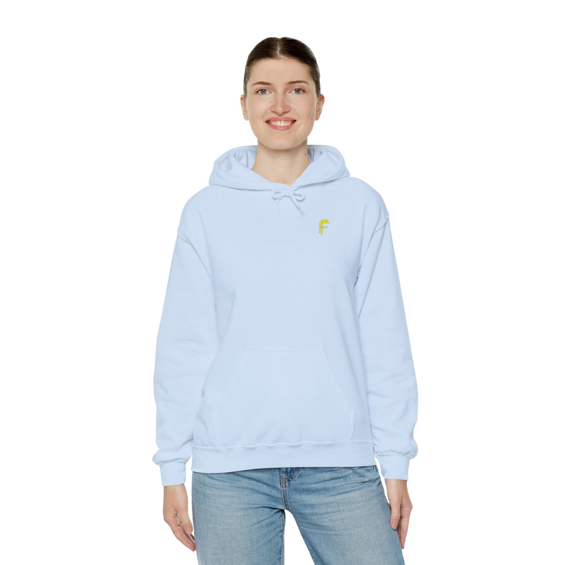 Frenzy Unisex Heavy Blend Hoodie with yellow Logo and Large text on the back. - Fitness Frenzy
