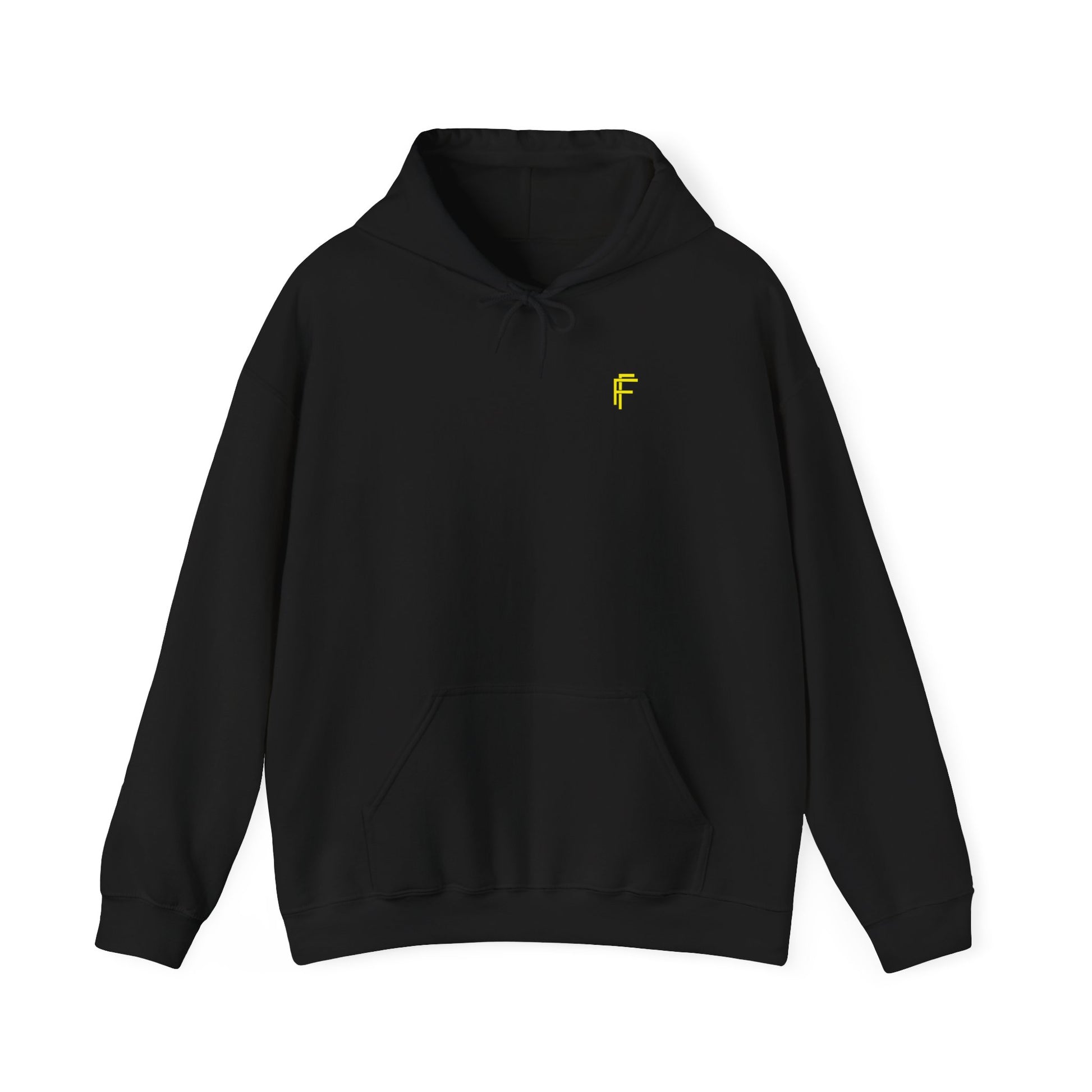 Frenzy Unisex Heavy Blend Hoodie with yellow Logo and Large text on the back. - Fitness Frenzy