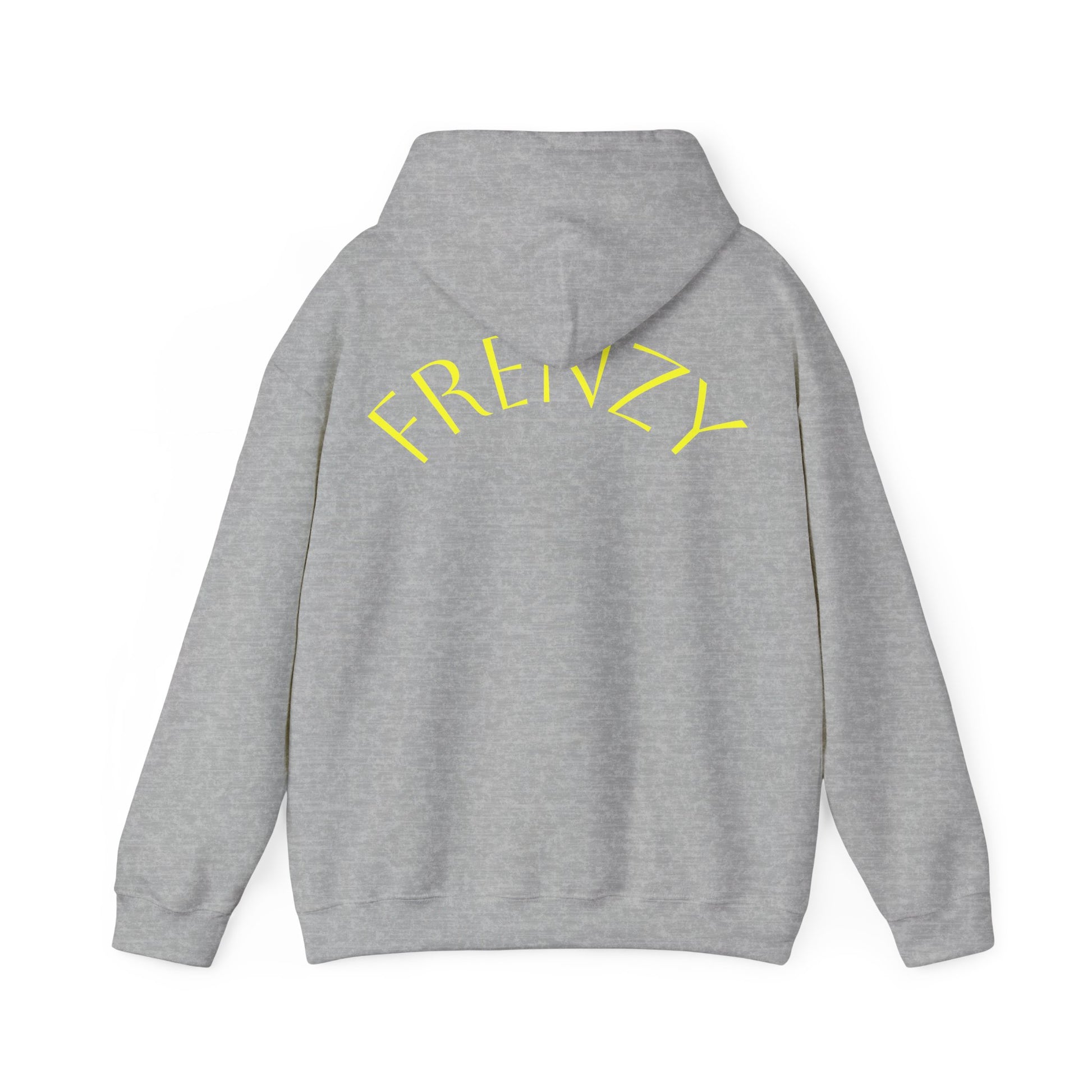 Frenzy Unisex Heavy Blend Hoodie with yellow Logo and Large text on the back. - Fitness Frenzy