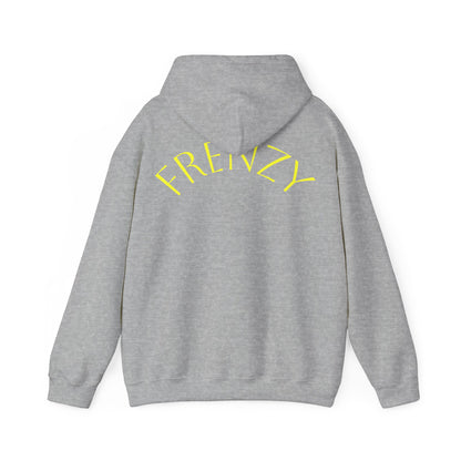 Frenzy Unisex Heavy Blend Hoodie with yellow Logo and Large text on the back. - Fitness Frenzy
