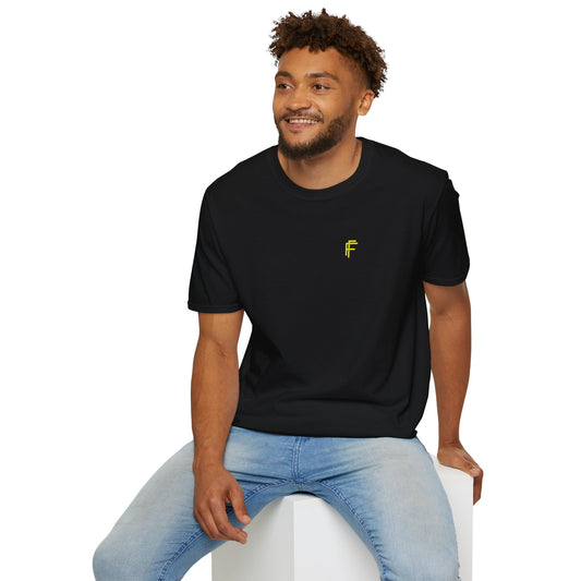 Minimalist Unisex Softstyle T-Shirt - Yellow Logo. - Fitness Frenzy