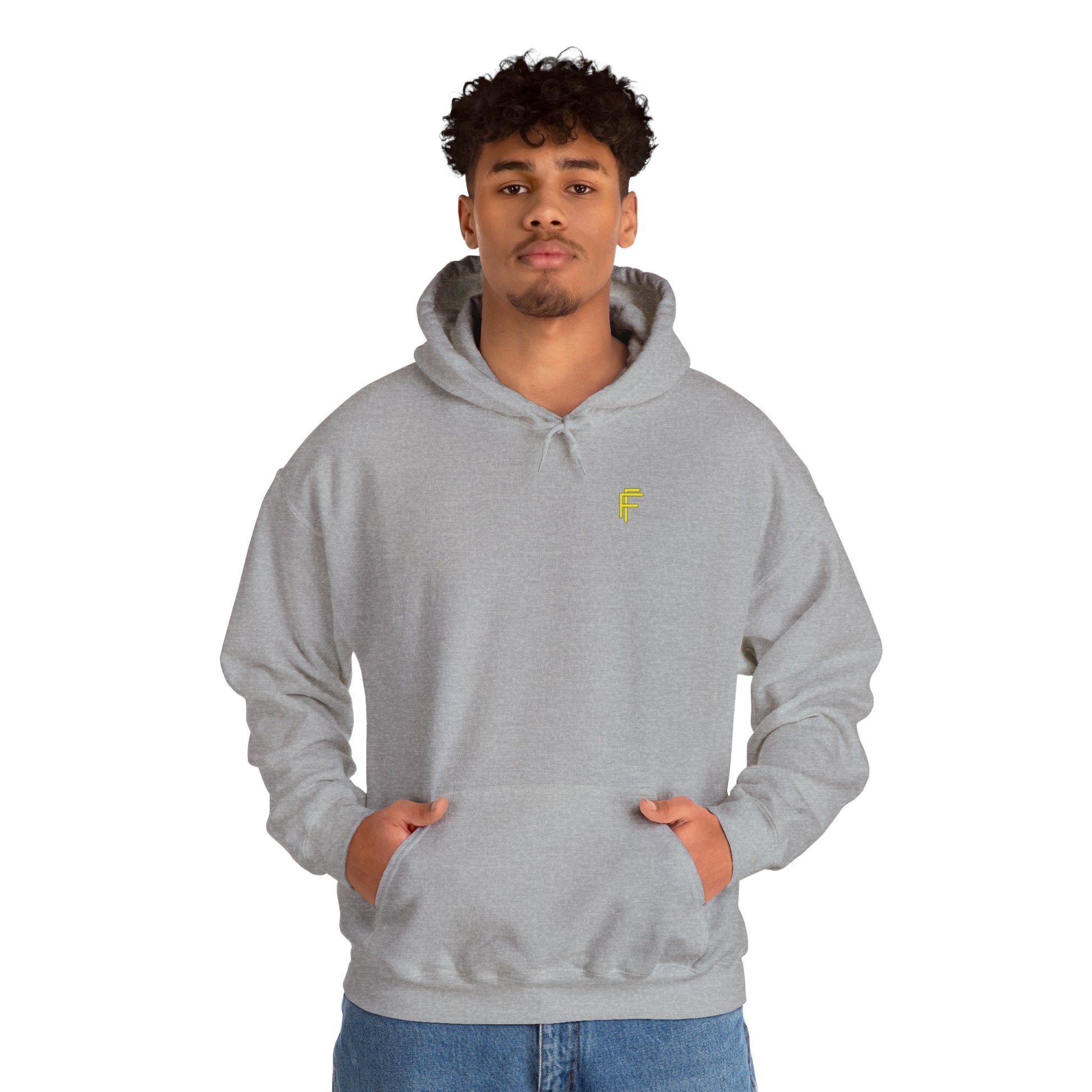 Frenzy Unisex Heavy Blend Hoodie with yellow Logo and Large text on the back. - Fitness Frenzy