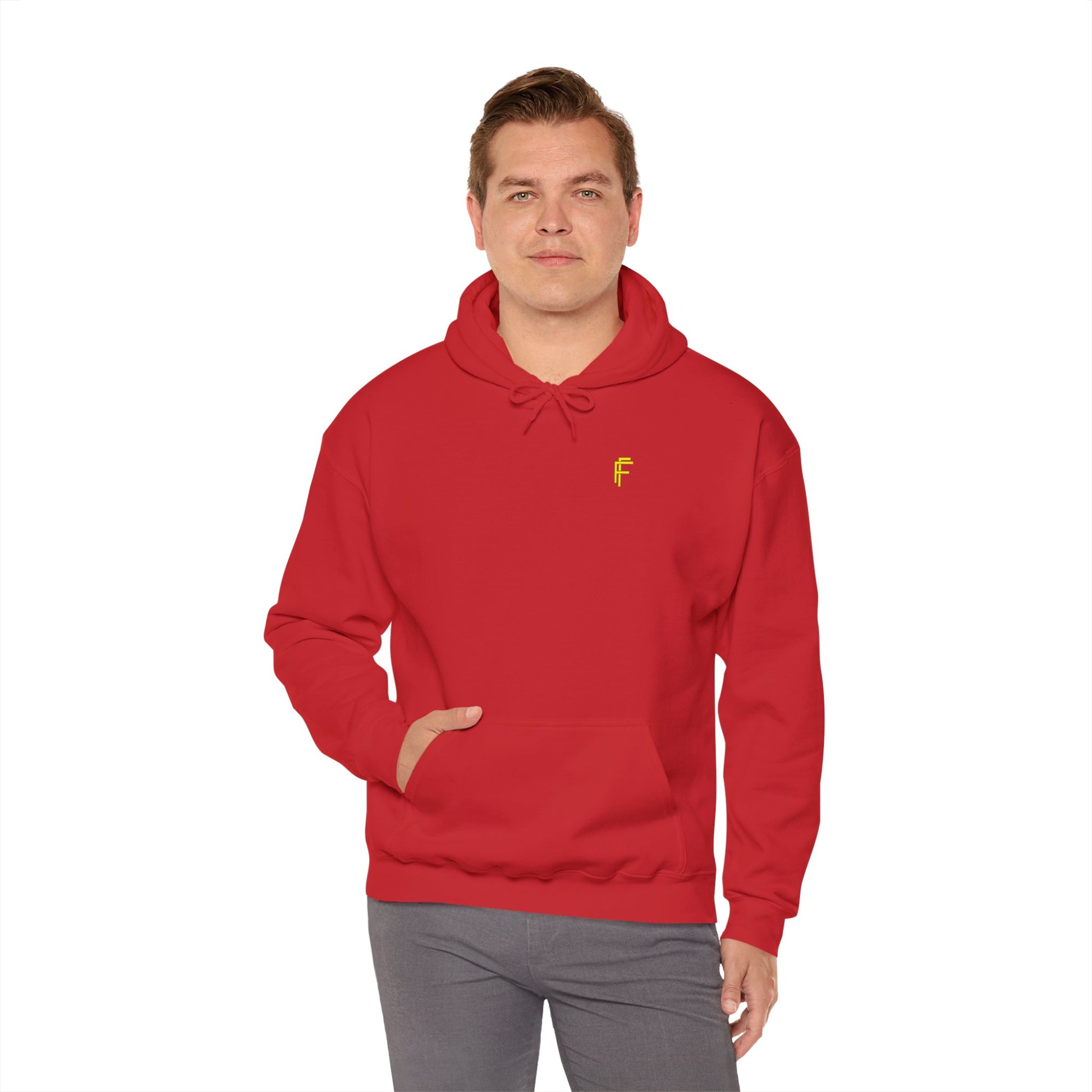 Frenzy Unisex Heavy Blend Hoodie with yellow Logo and Large text on the back. - Fitness Frenzy