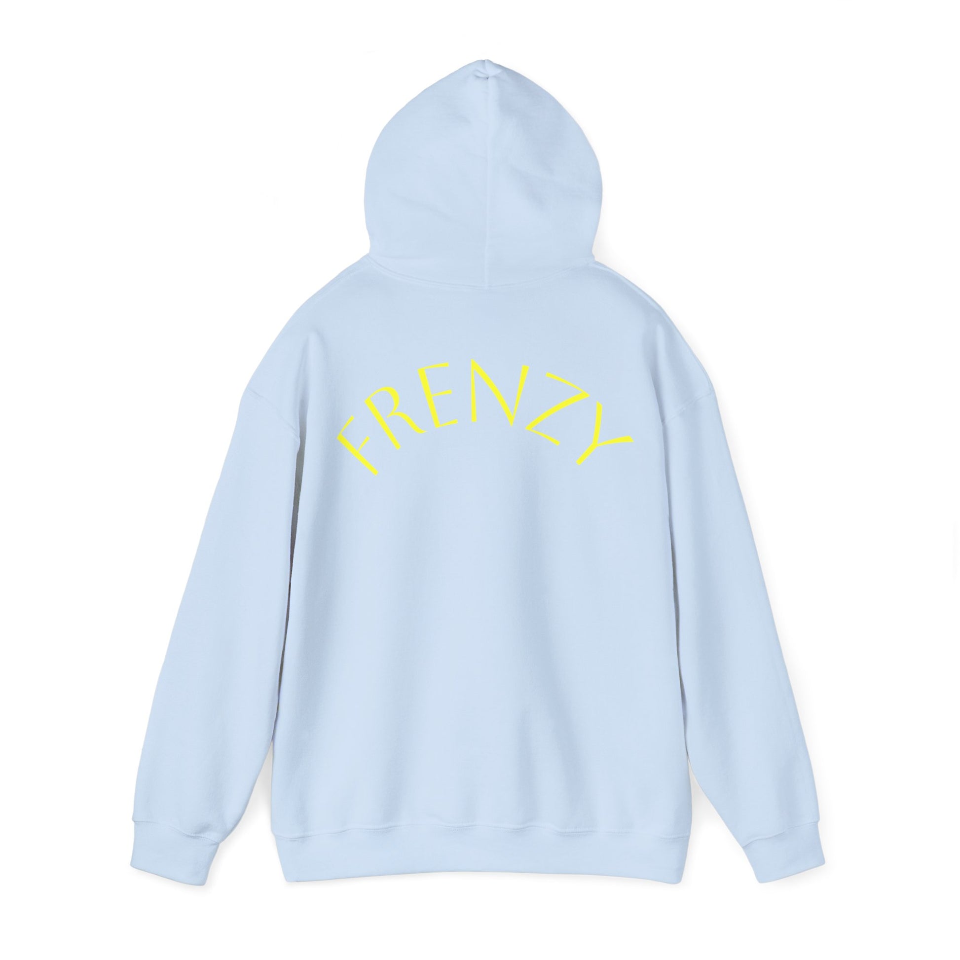 Frenzy Unisex Heavy Blend Hoodie with yellow Logo and Large text on the back. - Fitness Frenzy