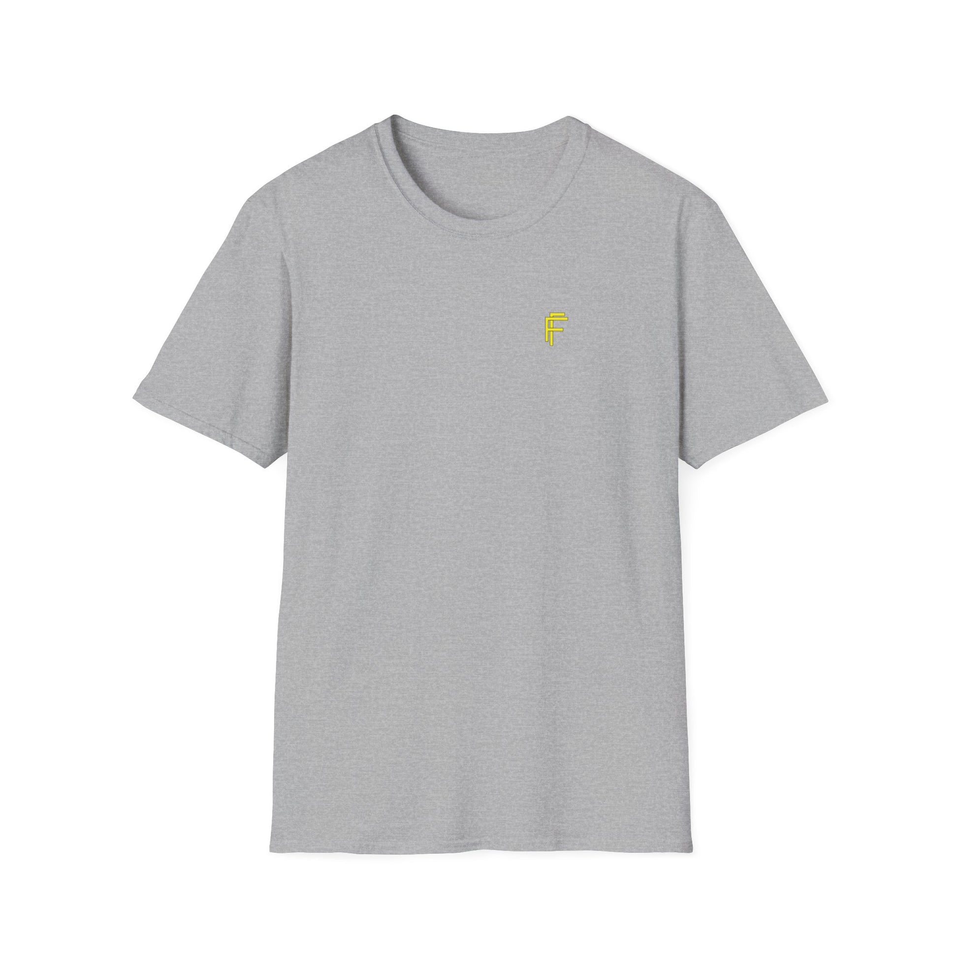 Minimalist Unisex Softstyle T-Shirt - Yellow Logo. - Fitness Frenzy