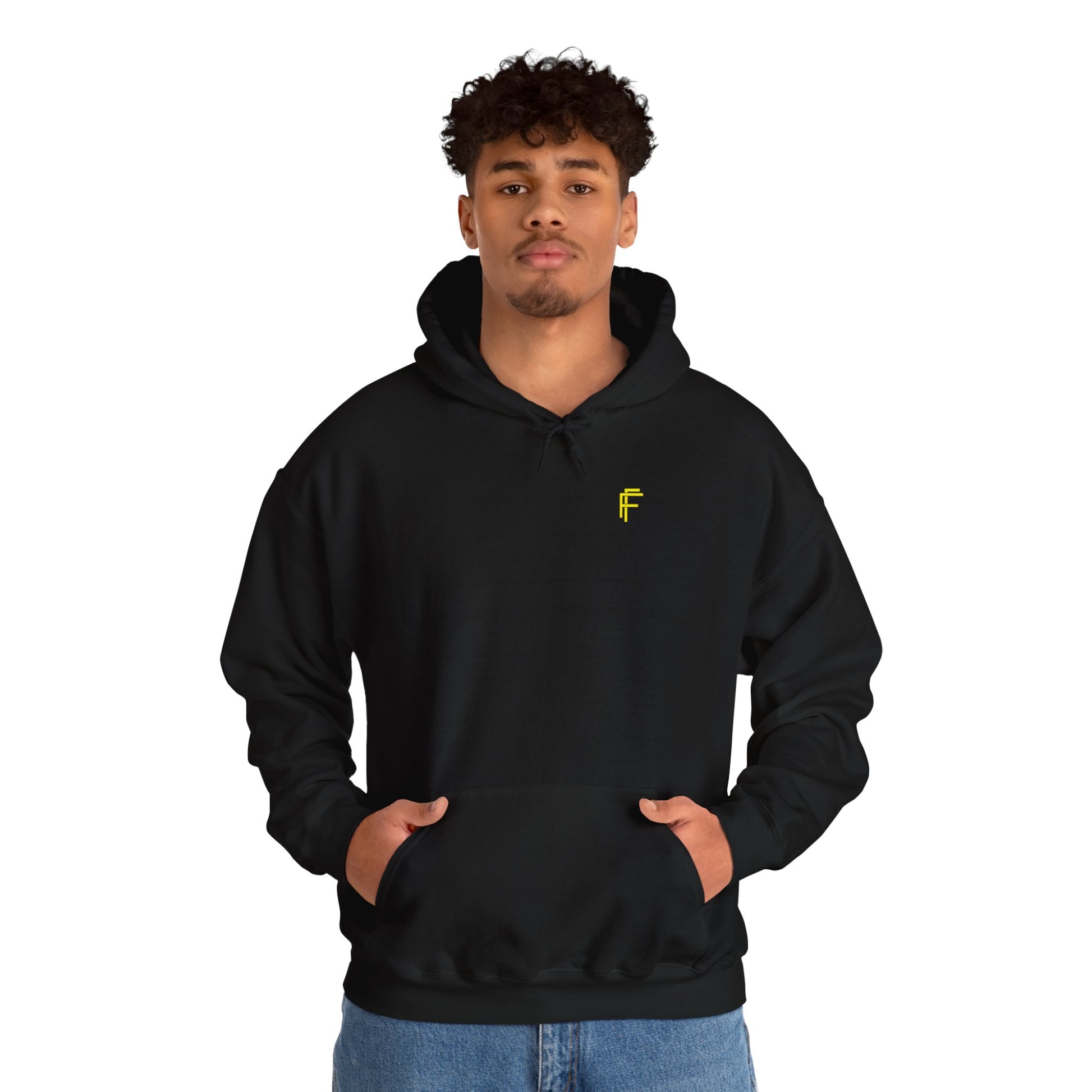 Frenzy Unisex Heavy Blend Hoodie with yellow Logo and Large text on the back. - Fitness Frenzy