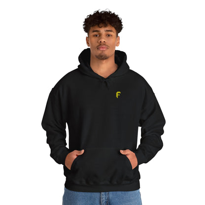 Frenzy Unisex Heavy Blend Hoodie with yellow Logo and Large text on the back. - Fitness Frenzy