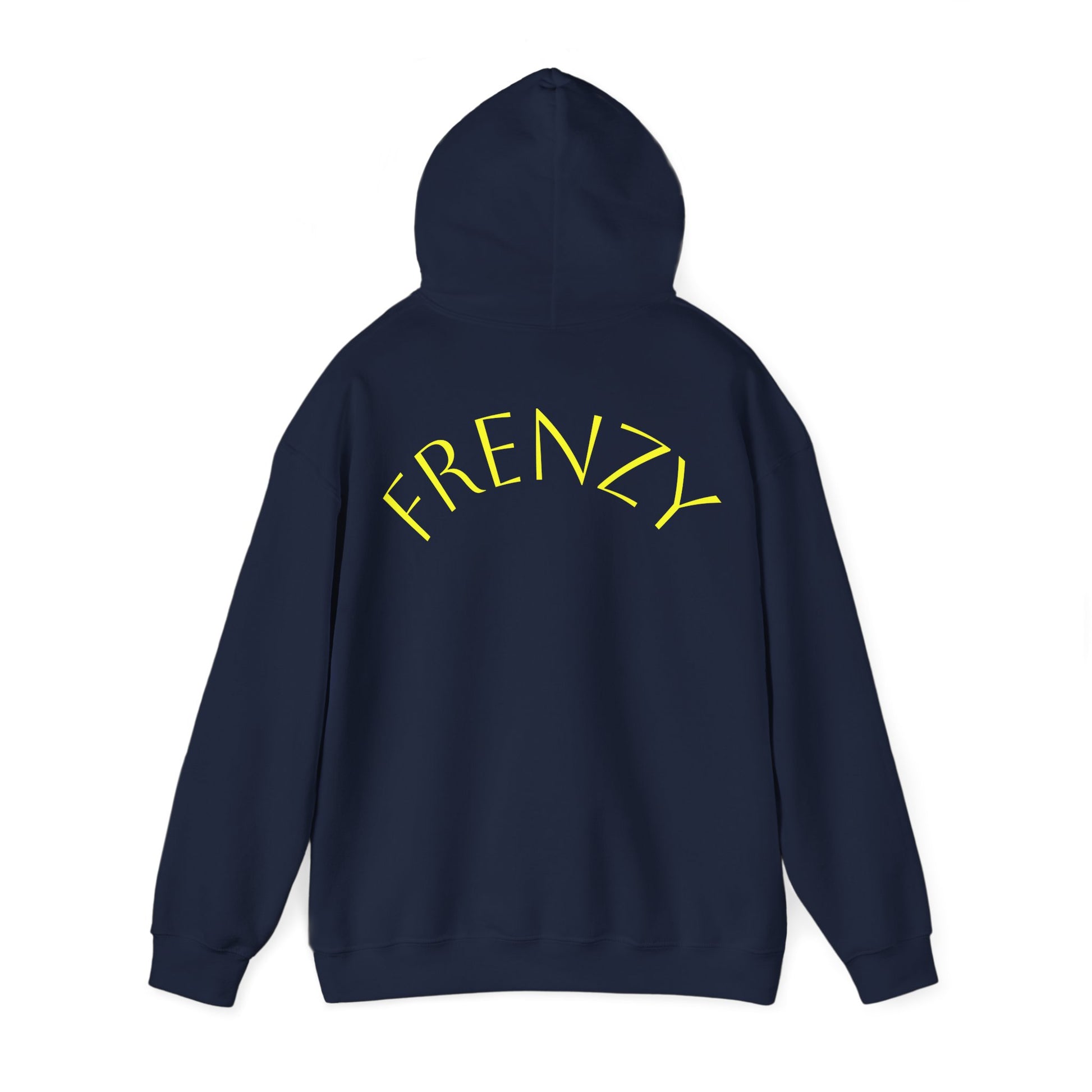Frenzy Unisex Heavy Blend Hoodie with yellow Logo and Large text on the back. - Fitness Frenzy