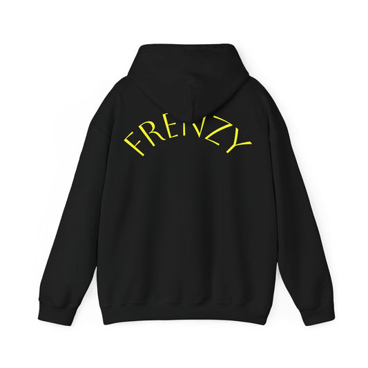 Frenzy Unisex Heavy Blend Hoodie with yellow Logo and Large text on the back. - Fitness Frenzy