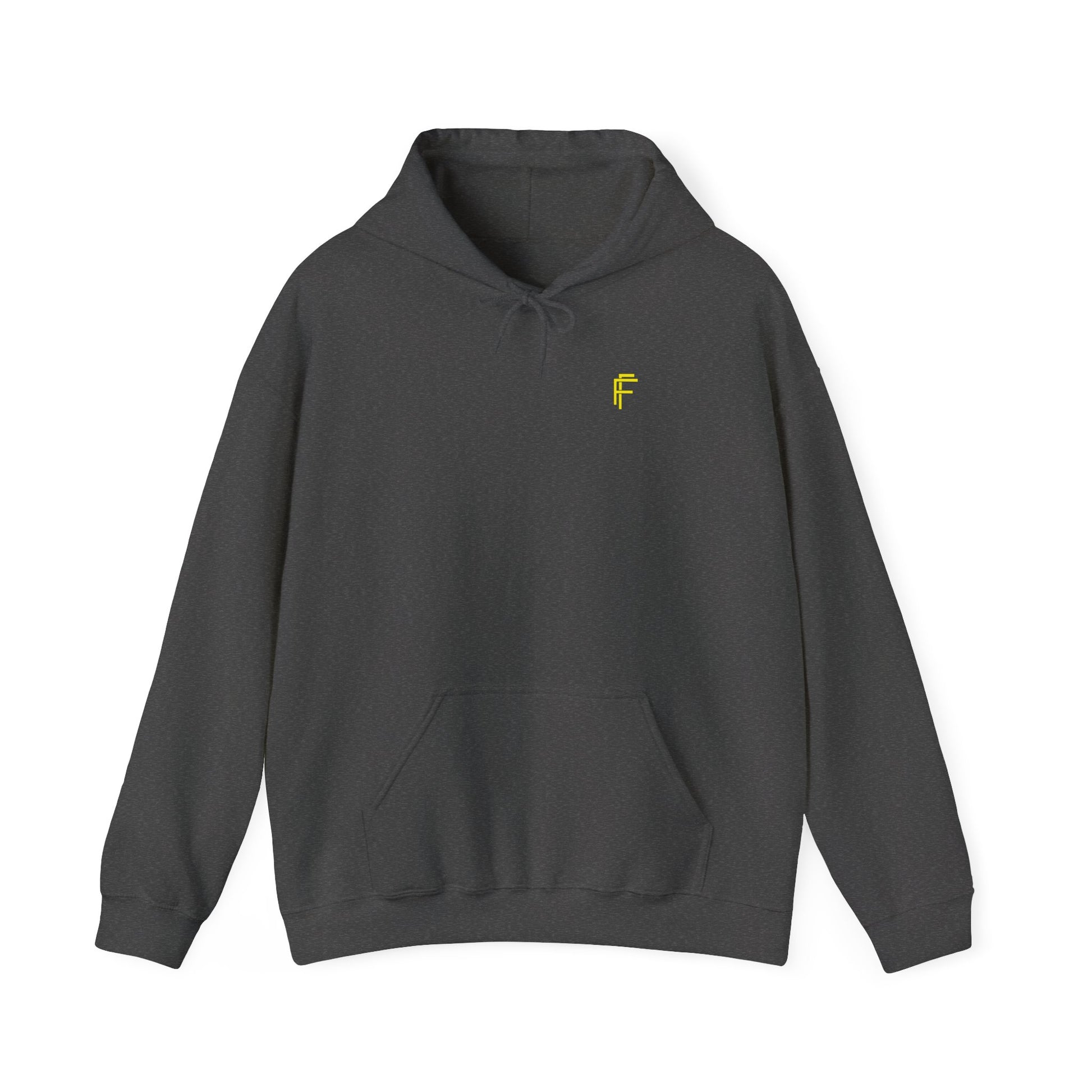 Frenzy Unisex Heavy Blend Hoodie with yellow Logo and Large text on the back. - Fitness Frenzy