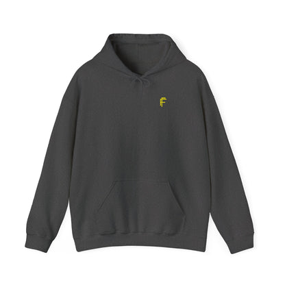 Frenzy Unisex Heavy Blend Hoodie with yellow Logo and Large text on the back. - Fitness Frenzy